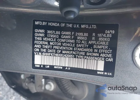 2019 Honda Civic Ex z USA, uszkodzony, nr VIN SHHFK7H6XKU420051